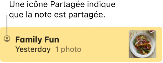 Une note ayant été partagée avec d’autres personnes, avec l’icône de partage à gauche du nom de la note.