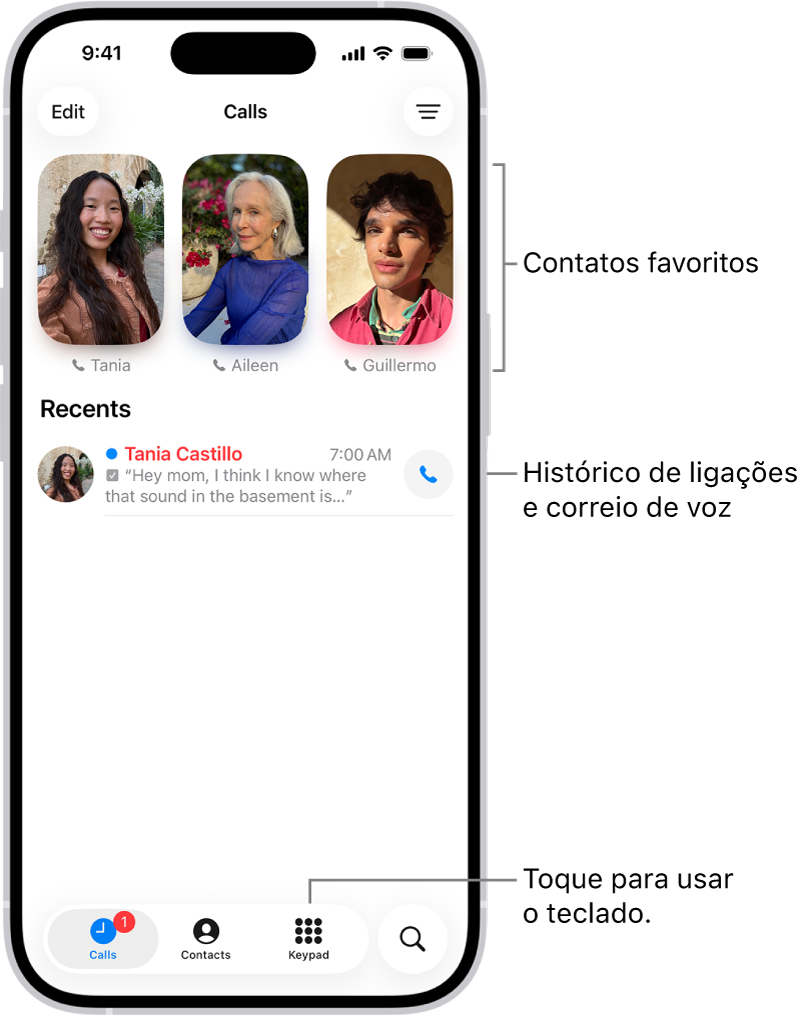 A aba Ligações no app Telefone com o layout Unificado. Os contatos favoritos aparecem na parte superior. Abaixo de Favoritos, há uma lista de ligações recentes e correio de voz. Os botões para visualizar as abas Ligações, Contatos e Teclado aparecem na parte inferior. O botão Buscar encontra-se no canto inferior direito.