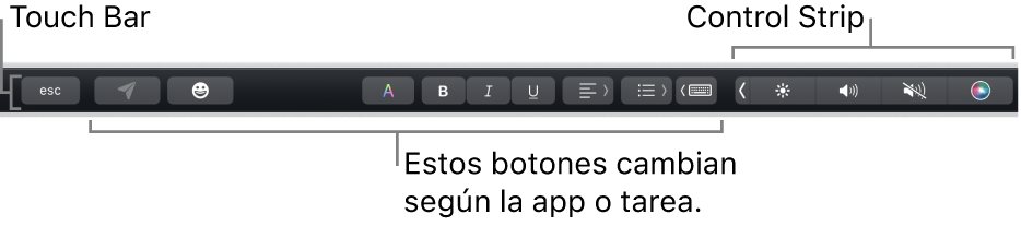 La Touch&nbsp;Bar en la parte superior del teclado, con la Control&nbsp;Strip contraída a la derecha y botones que varían según la app o la tarea.
