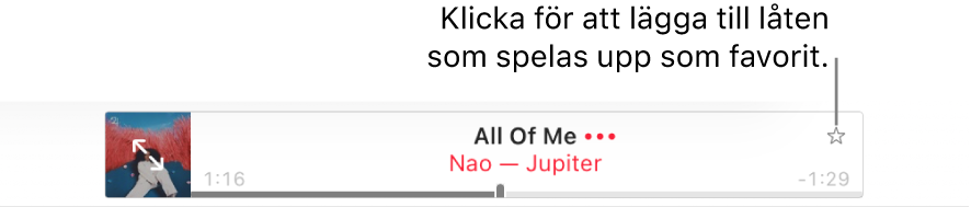 Överkanten av Apple Music med en låt som spelas upp. Klicka på favoritknappen till höger om låtnamnet om du vill favoritmarkera låten som spelas upp.