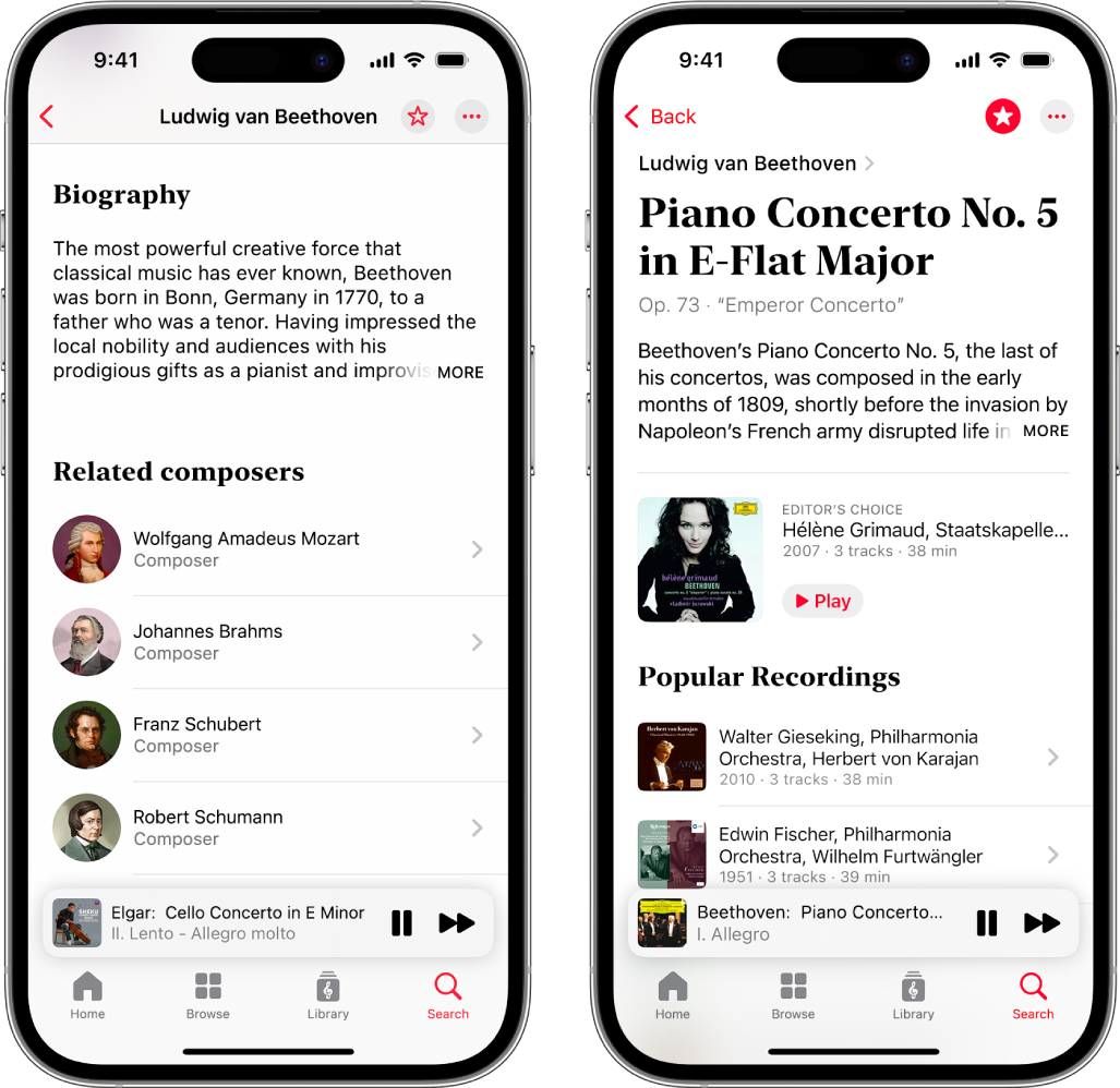 Two iPhone devices showing various information about classical music. The first one shows a composer biography at the top of the screen. The second one shows a work description just below the work name.