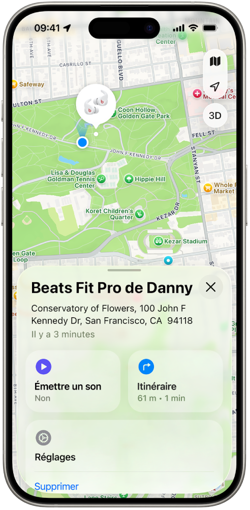 L’écran de l’app Localiser sur l’iPhone indiquant la position des Beats&nbsp;Fit&nbsp;Pro sur un plan de San Francisco.