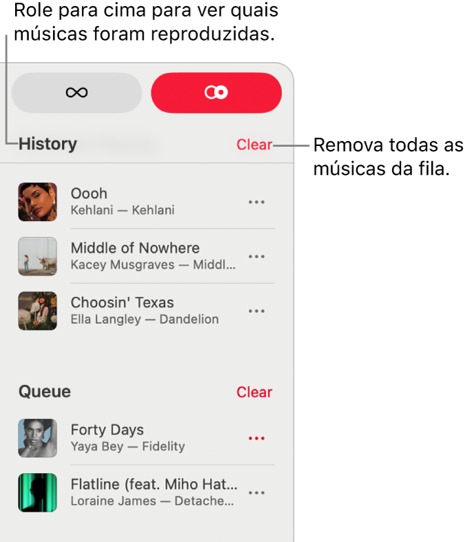 A fila está visível no canto superior direito do Apple Music. As seções Histórico e Fila são exibidas.