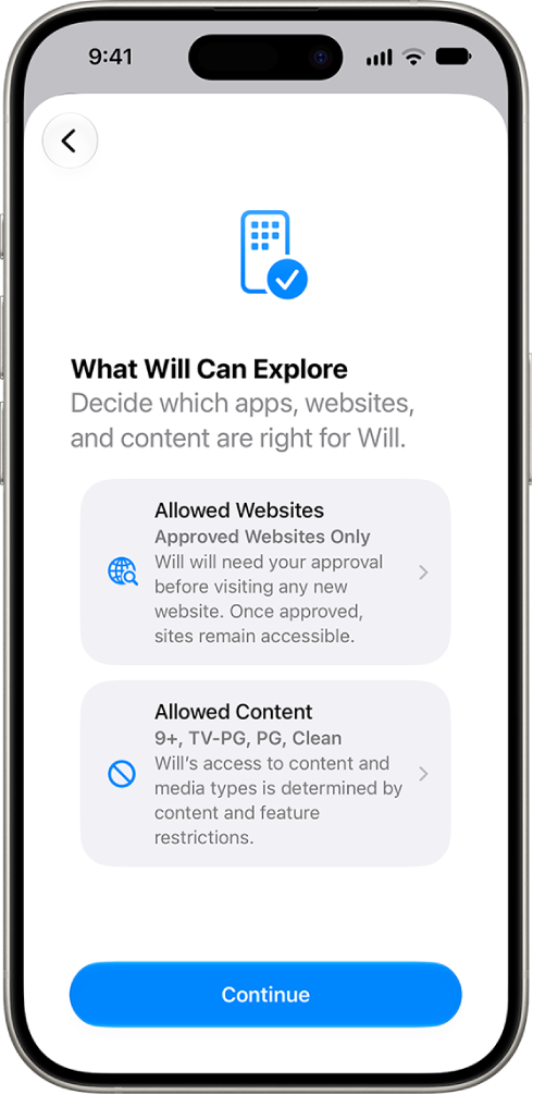 The parental controls set up screen showing options for the type of content that can be accessed like apps and websites.