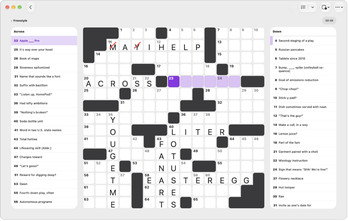 A partially filled crossword puzzle, with the clues on each side.