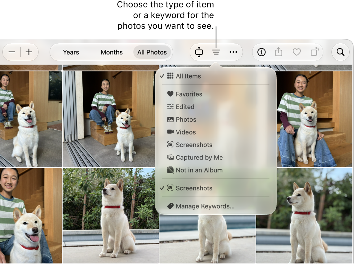 The Filter pop-up menu set to show all items. Click the Filter button to choose the type of item or a keyword for the photos you want to see.