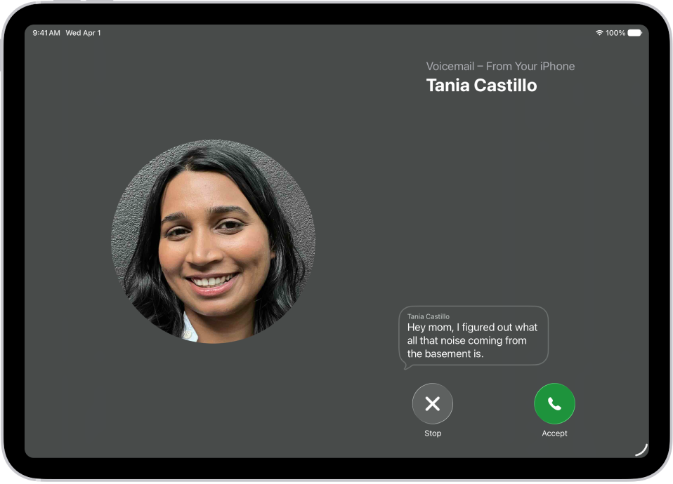 A call screen showing a Live Voicemail from a contact. Below the transcribed text are Stop and Accept buttons for the call.