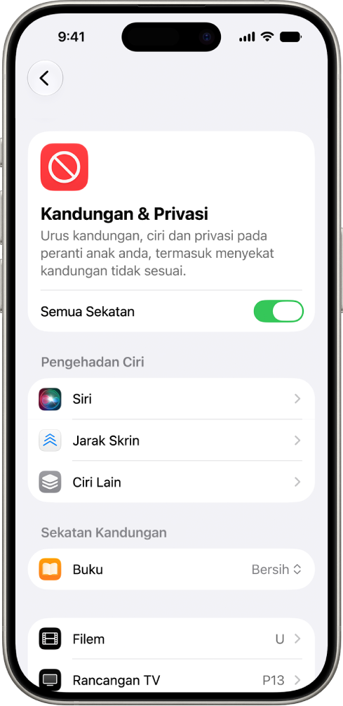 Skrin Kandungan dan Privasi dalam Masa Skrin menunjukkan pilihan untuk Pengehadan Ciri dan Kandungan.
