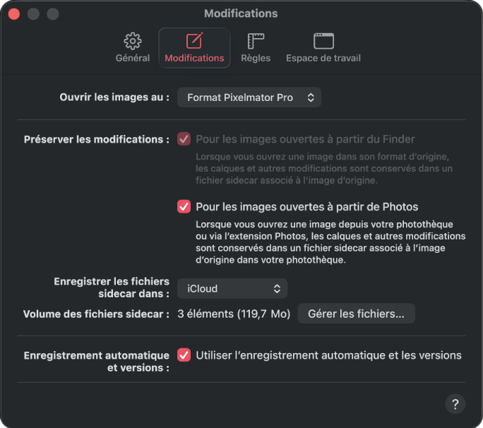 La sous-fenêtre des réglages Modifications.