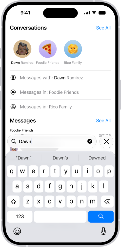 The search field in the Messages app appears at the bottom of the screen. The search field contains the name of a person, and several options matching the search appear above it.