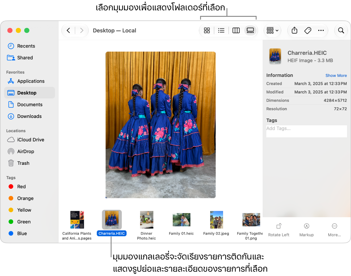 หน้าต่าง Finder ที่แสดงแถบด้านข้าง Finder ทางด้านซ้ายและไฟล์ภาพที่ถูกเลือกอยู่ด้านล่างสุดของหน้าต่าง ที่ตรงกลาง บานหน้าต่างแสดงตัวอย่างจะแสดงลักษณะของภาพ โดยมีรายละเอียดภาพและปุ่มการทำงานด่วนทางด้านขวา