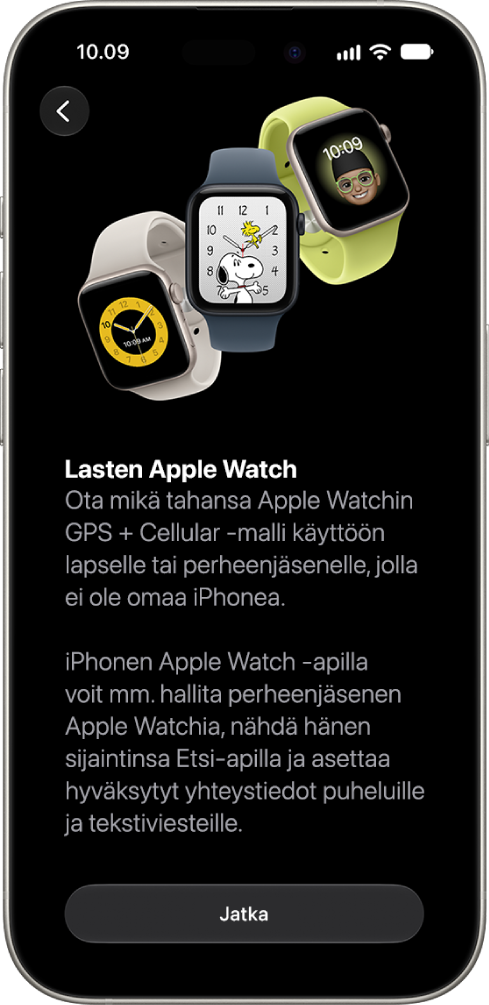 Apple&nbsp;Watchin käyttöönotto lapselle -näyttö, jossa näkyy käyttöönoton jatkamisen vaihtoehto.