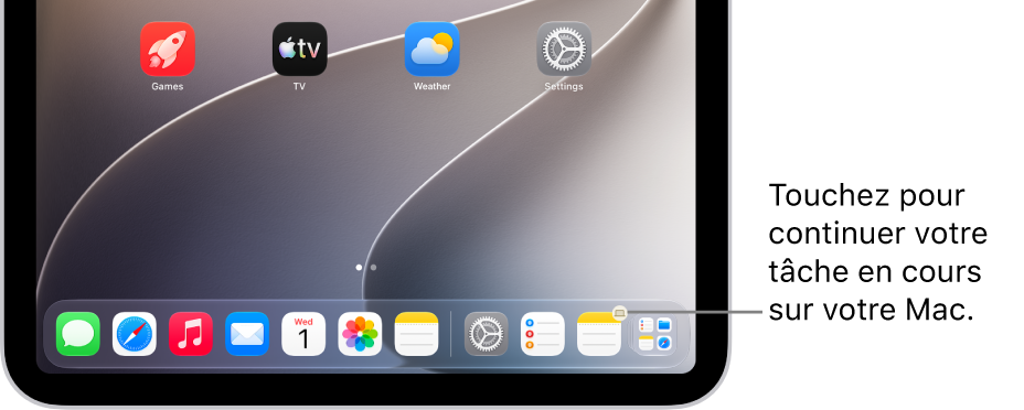 L’icône Handoff est visible dans le Dock d’un iPad.