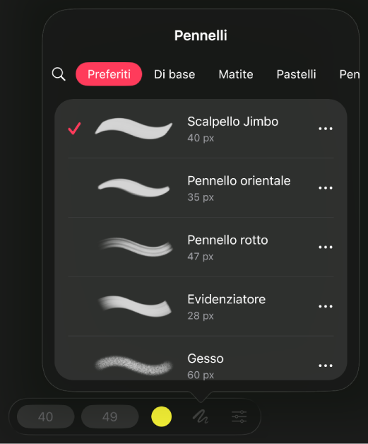 Il browser dei pennelli all’interno del pannello Pittura che mostra le categorie di pennelli e i tratti disponibili all’interno della categoria attualmente selezionata.