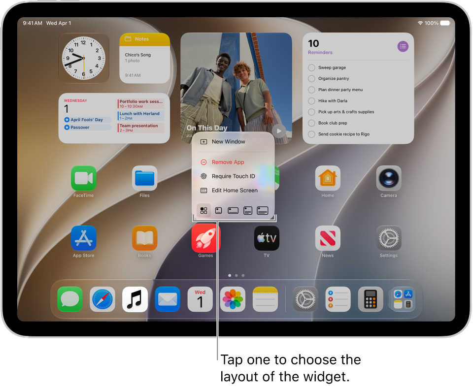 A Home Screen showing an app pop-up menu being used to transform an app icon into a widget for the app.