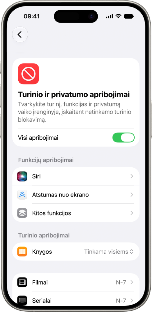 Ekrano laiko nustatymų ekrane „Turinio ir privatumo apribojimai“ rodomos „Funkcijų ir turinio apribojimų“ parinktys.
