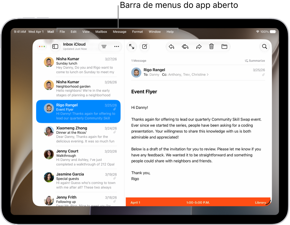 Mail aberto na tela do iPad, com a barra de menus aparecendo na parte superior da tela.