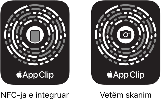 Në të majtë, një App Clip Code me NFC të integruar me ikonë e një telefoni iPhone në qendër. Në të djathtë, një App Clip Code vetëm për skanim me ikonë e një kamere në qendër.