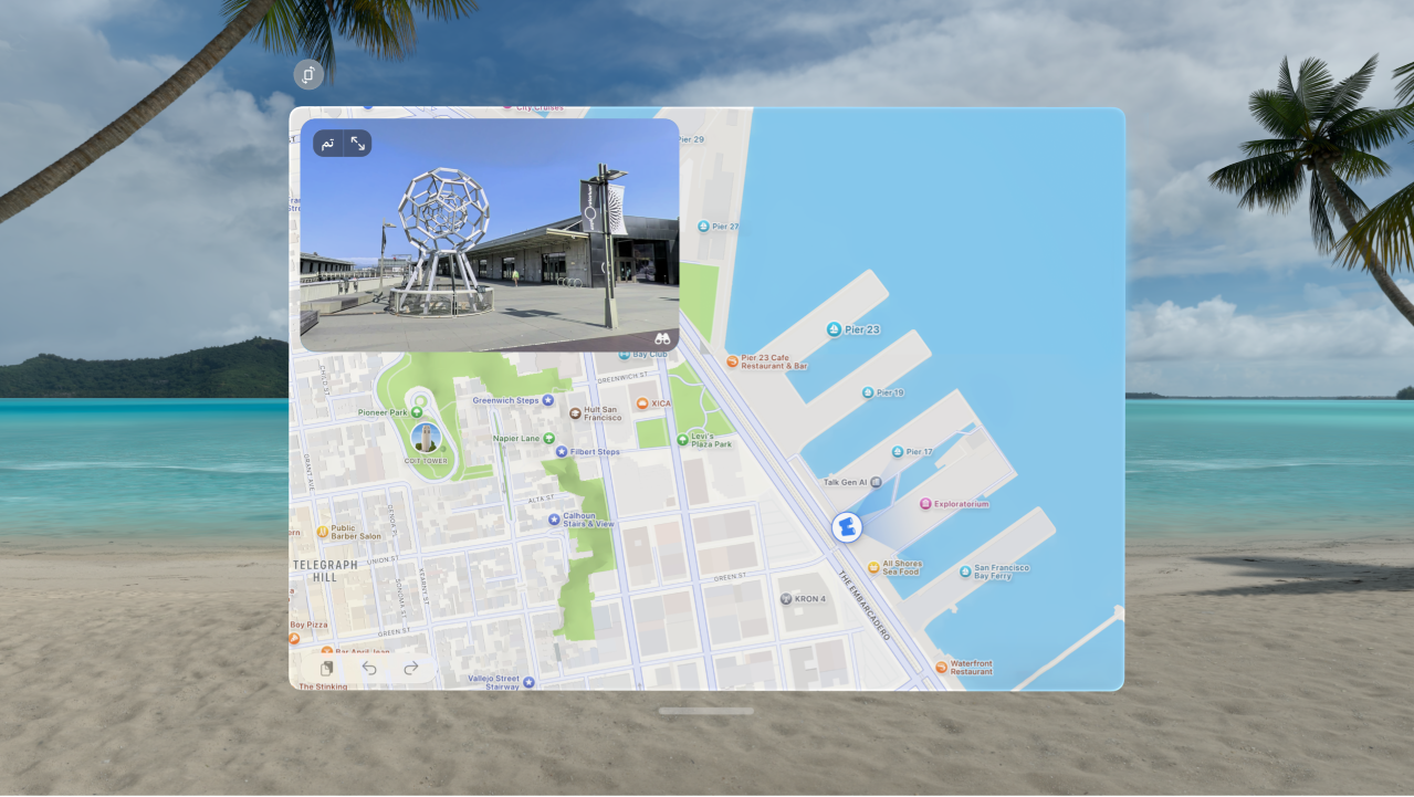 تطبيق الخرائط على Apple&nbsp;Vision&nbsp;Pro، يعرض مكانًا في ميزة انظر في الأنحاء.
