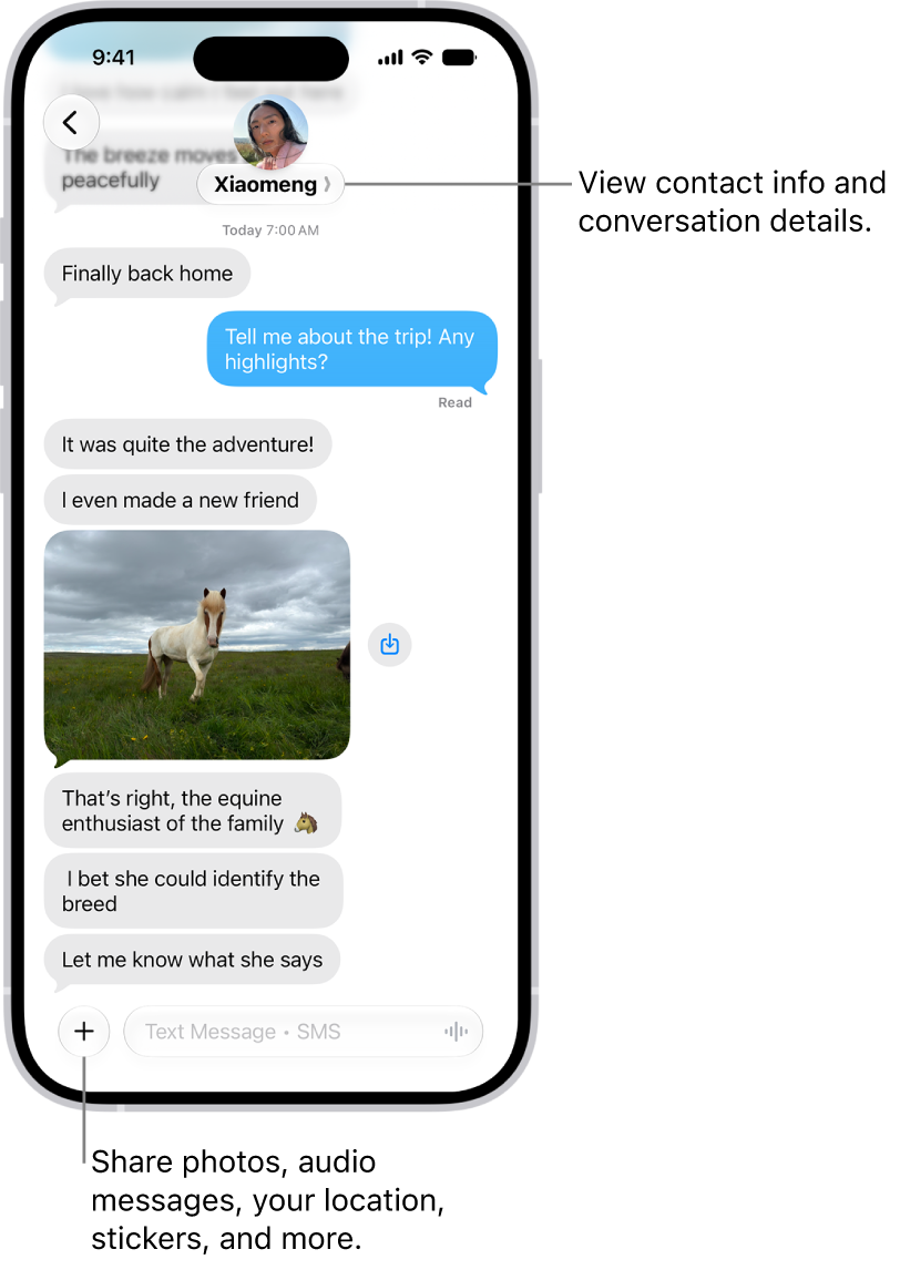 A Messages conversation. The name of the person you’re sending messages to is at the top of the screen. You can tap their name to see conversation details. The Add button is in the bottom-left corner.