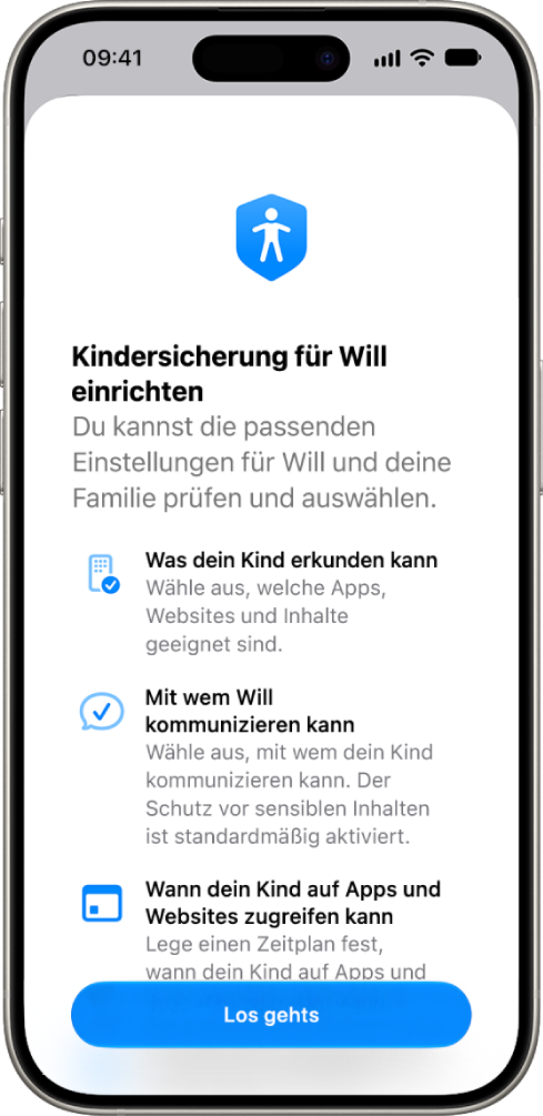 Der Einrichtungsbildschirm der Kindersicherung mit Optionen zum Loslegen.