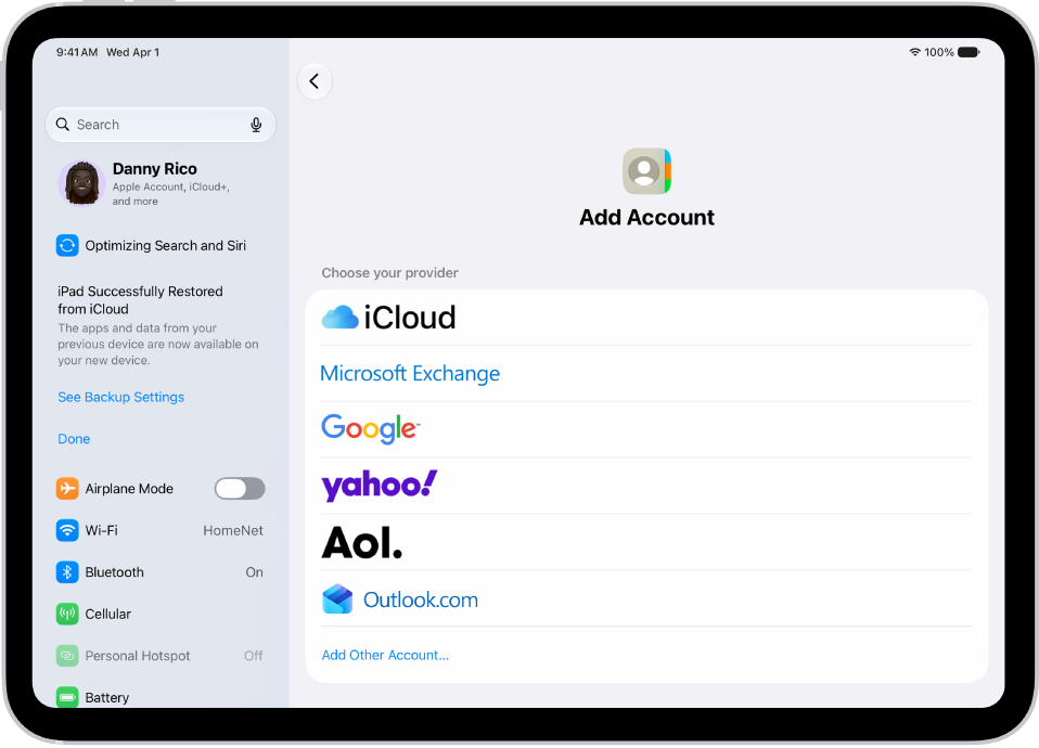 The Add Account screen showing different contacts services.