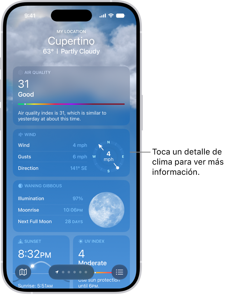 La app Clima mostrando los detalles del clima para una ubicación.