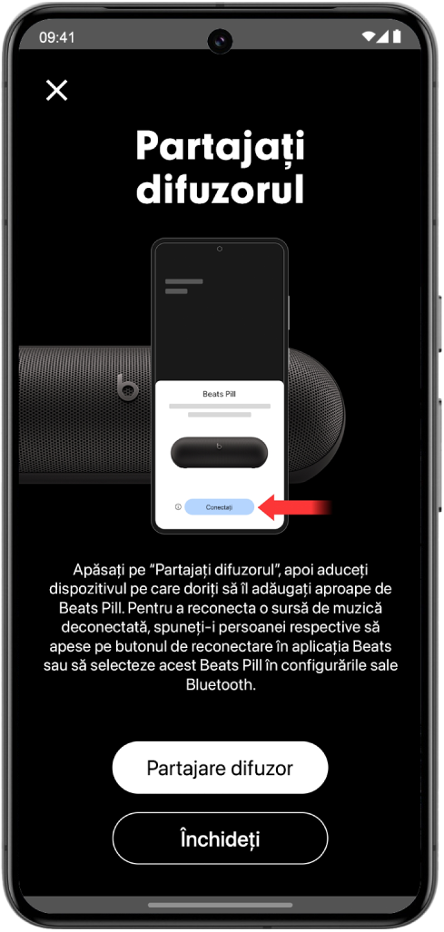 Ecranul „Partajați difuzorul” din aplicația Beats afișând butoanele Partajare difuzor și Închideți.