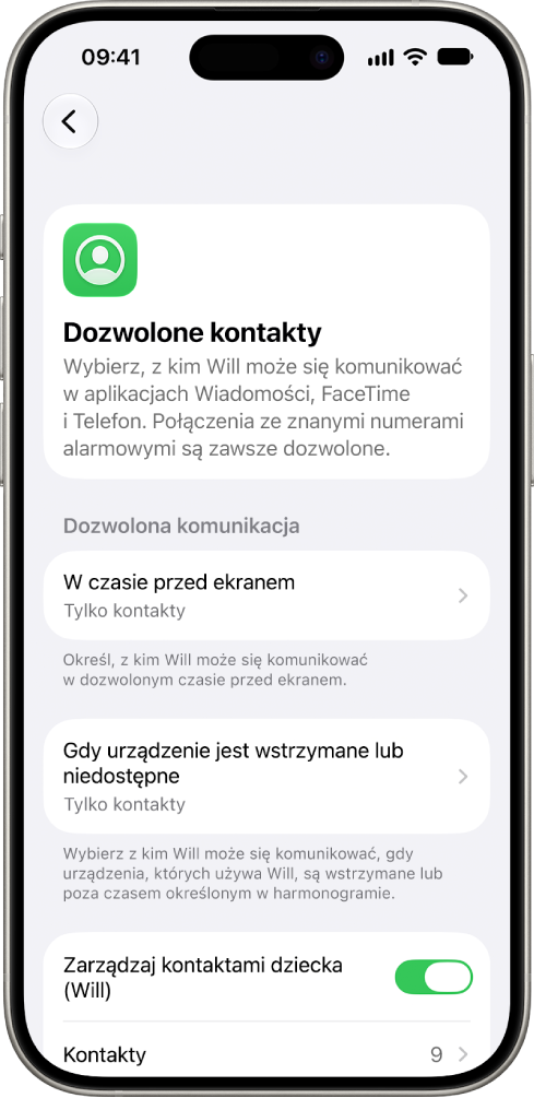 Ekran Dozwolone kontakty w&nbsp;ustawieniach funkcji Czas przed ekranem, przedstawiający opcje dozwolonej komunikacji w&nbsp;czasie przed ekranem, dozwolonej komunikacji podczas przerwy oraz zarządzania kontaktami.