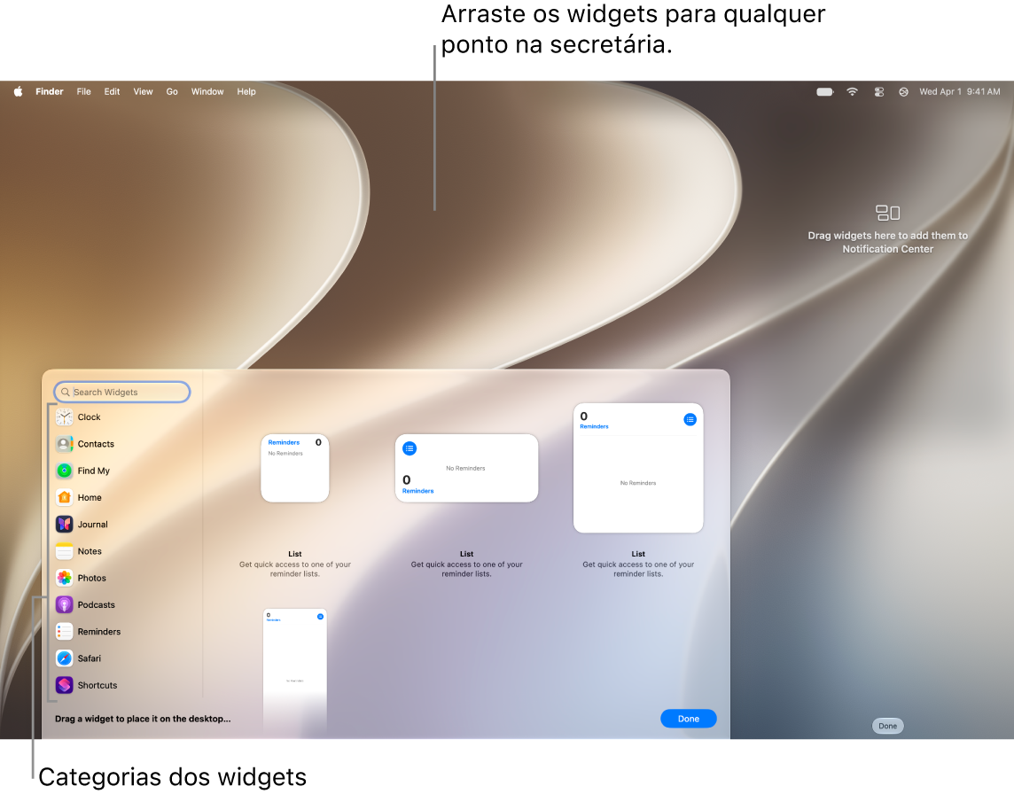 A galeria de widgets, que mostra a lista de categorias de widgets à esquerda e os widgets disponíveis à direita.