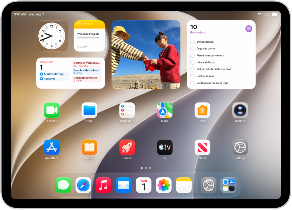 A customized iPad Home Screen with widgets.