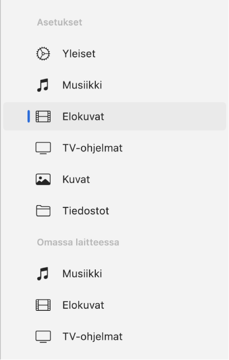 Sivupalkki, jossa on valittuna Elokuvat.
