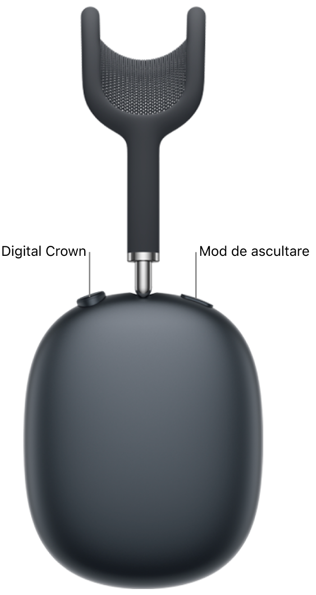 Casca dreaptă de pe AirPods&nbsp;Max 2 afișând coroana Digital Crown în partea din stânga sus a căștii audio și butonul de selectare a modului de ascultare în partea din dreapta sus.