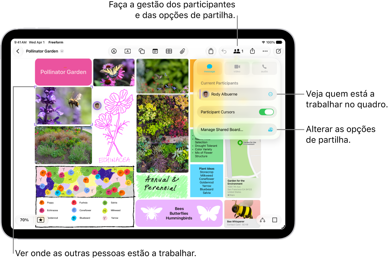 Um quadro Freeform partilhado no iPad com o menu de colaboração aberto e a localização de outros participantes no quadro marcado com vistos coloridos.