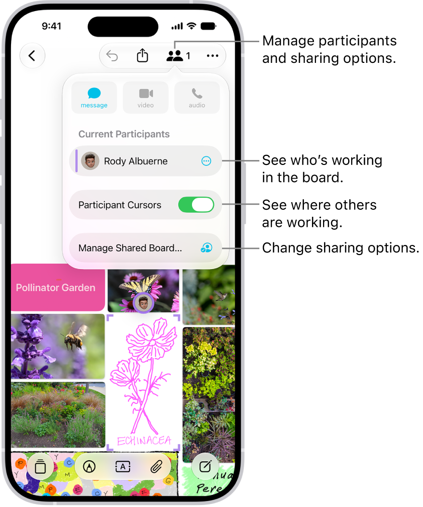 A shared Freeform board on iPhone with the collaboration menu open.