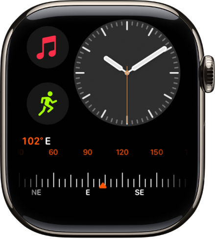 The Modular Compact watch face showing a digital clock near the top right, the day and date at the top left, and two complications: Workout at the middle left, and State of Mind at the bottom.