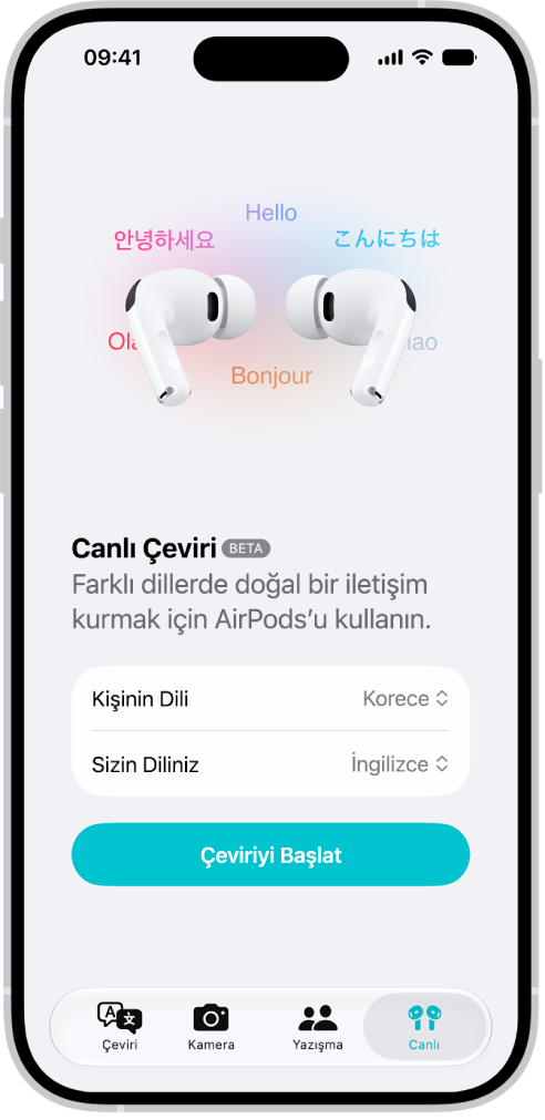 iPhone’da Canlı Çeviri ekranını gösteren Çeviri uygulaması. Ekranda, diğer kişinin dilini ve kendi dilinizi seçmeniz için iki açılır menü ve Canlı Çeviri’yi başlatma düğmesi gösteriliyor.