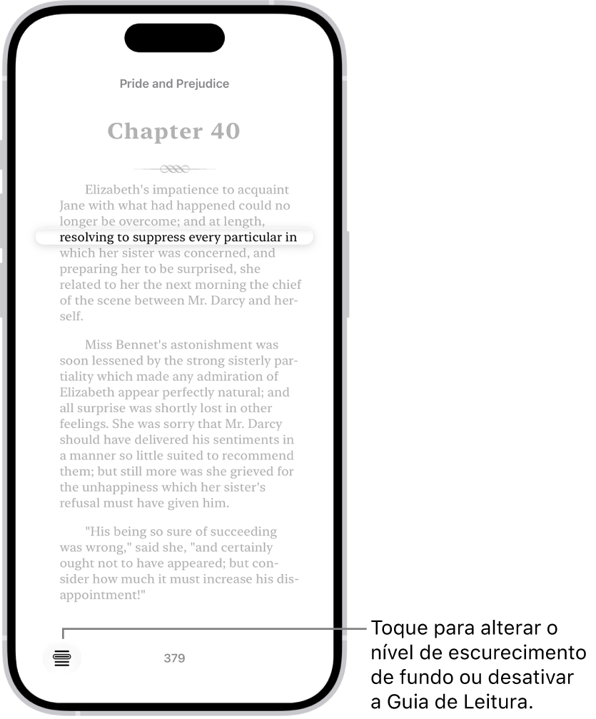 Página de um livro no app Livros. Uma única linha de texto é destacada e o restante do texto fica esmaecido. No canto inferior esquerdo da tela, está o botão do Menu de Guia de Linha.