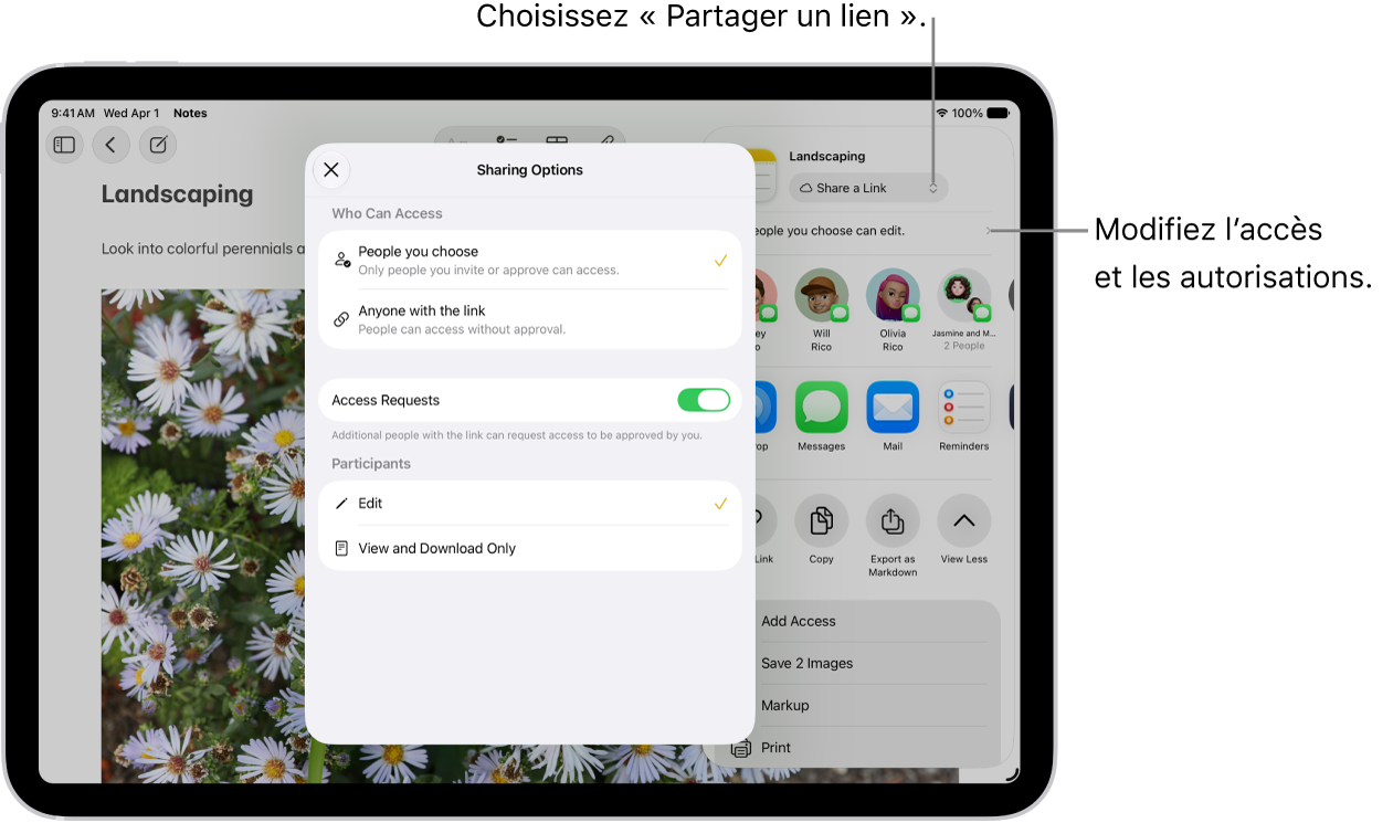Une invitation à collaborer sur un brainstorming dans Notes, avec l’option de partage «&nbsp;Partager un lien&nbsp;» ainsi que l’accès et l’autorisation définis sur «&nbsp;Seules les personnes choisies peuvent modifier le contenu&nbsp;». Un rang en dessous inclut quatre destinataires potentiels, dont un groupe. Le rang suivant offre différentes méthodes de partage de la note&nbsp;: AirDrop, Messages, Mail et Rappels. Le dernier rang contient des boutons permettant de copier, d’exporter et d’enregistrer la note.
