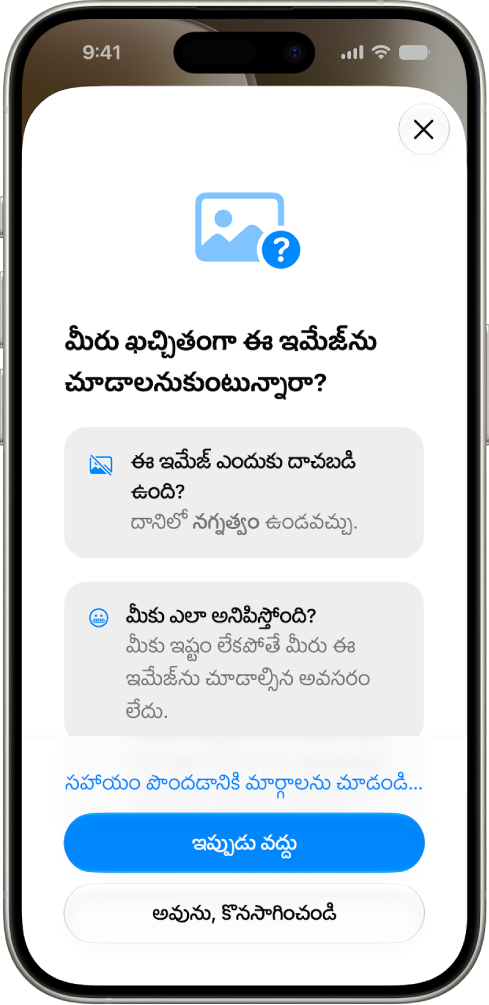 కమ్యూనికేషన్ భద్రత స్క్రీన్‌లో ఒక ఫోటో సున్నితమైనదిగా ఉండే అవకాశం ఉందని హెచ్చరికతో పాటు, సహాయం పొందడానికి తగిన ఎంపికలు కనిపిస్తున్నాయి.