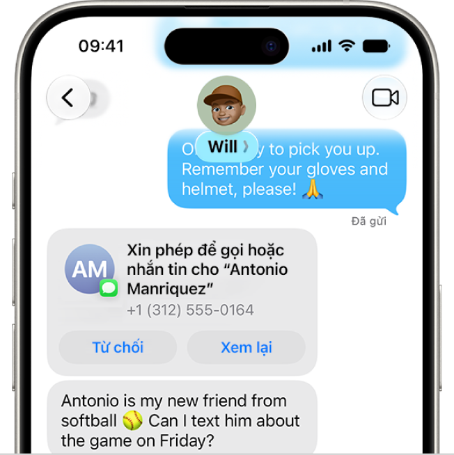Một tin nhắn chứa yêu cầu từ trẻ về việc thêm một liên hệ mới.