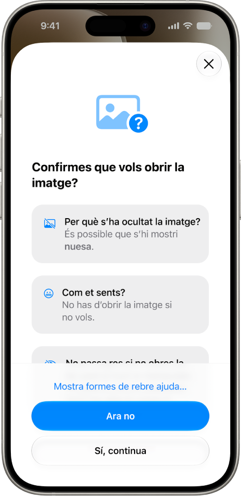 A la pantalla de comunicació segura es mostra un avís a l’infant que indica que s’ha detectat nuesa i se suggereixen opcions per obtenir ajuda.