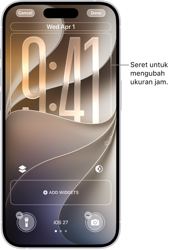 Layar Terkunci khusus dalam proses pengeditan. Elemen yang tersedia untuk penyesuaian dipilih—tanggal, waktu, dan tombol untuk menambahkan widget.