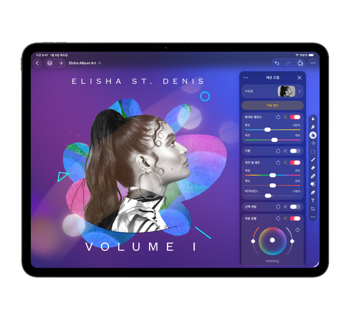 Pixelmator Pro 앱 윈도우를 표시하는 iPad.