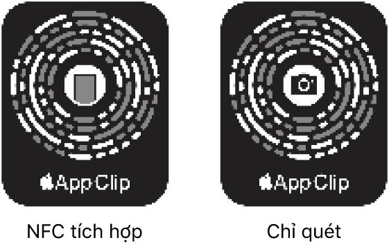 Ở bên trái, Mã ứng dụng thu nhỏ được tích hợp NFC với một biểu tượng iPhone ở giữa. Ở bên phải, Mã ứng dụng thu nhỏ chỉ quét với biểu tượng camera ở giữa.