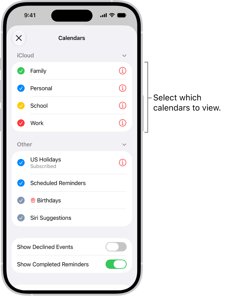 The Calendars list, with checkmarks indicating which calendars are active. The Done button for closing the list is in the top-right corner.