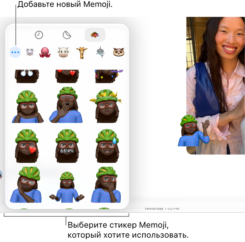 Окно «Сообщения» с&nbsp;вариантами Memoji и&nbsp;стикером Memoji на&nbsp;сообщении.