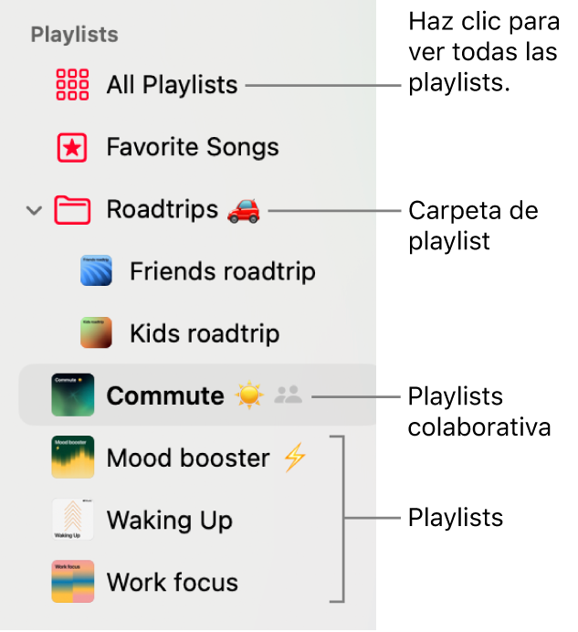 La barra lateral de Música con una carpeta de playlists y los distintos tipos de playlists: Playlists de canciones favoritas, inteligentes y colaborativas. Haz clic en “Todas las playlists” para verlas todas.