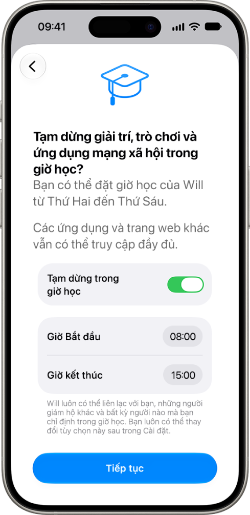 Màn hình thiết lập kiểm soát của phụ huynh đang hiển thị các giờ mà việc sử dụng thiết bị nên được tạm dừng trong các giờ học ở trường.