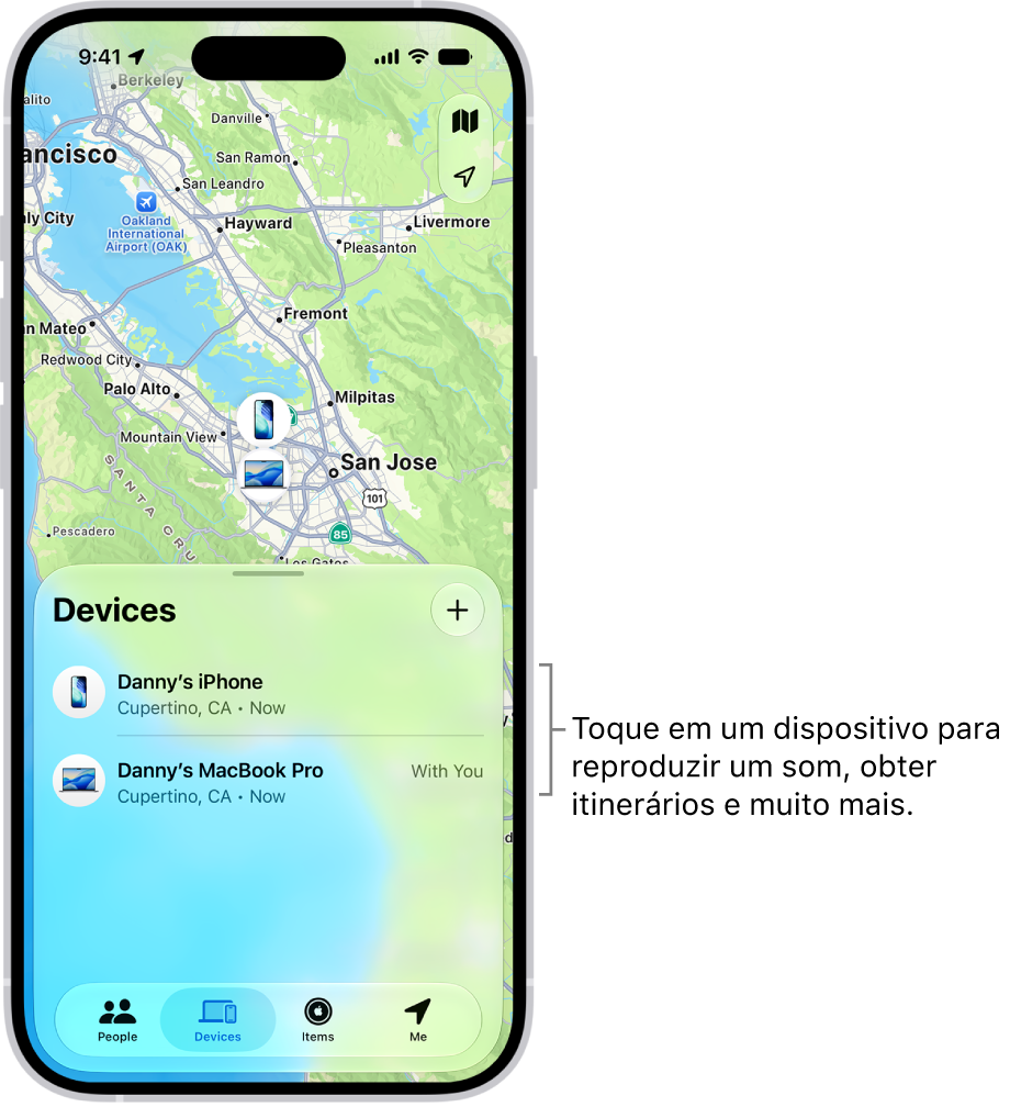 Tela do app Buscar aberto na lista Dispositivos. Há dois dispositivos na lista Dispositivos: iPhone do Sérgio e iPad do Sérgio. As respectivas localizações são mostradas em um mapa.